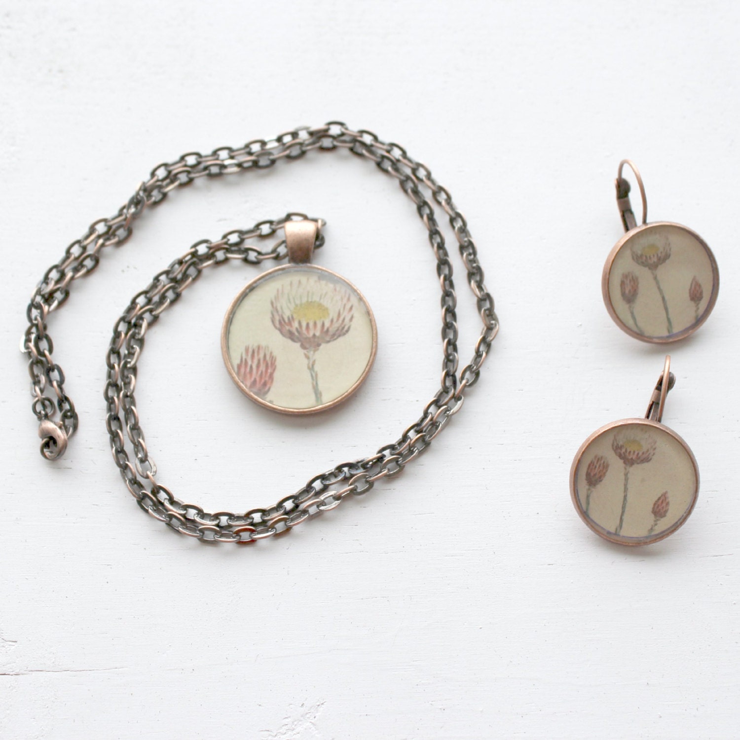 Vintage Style Botanical Drawing Pink Flower Pendant Necklace and Earring Set with Gift Box Included