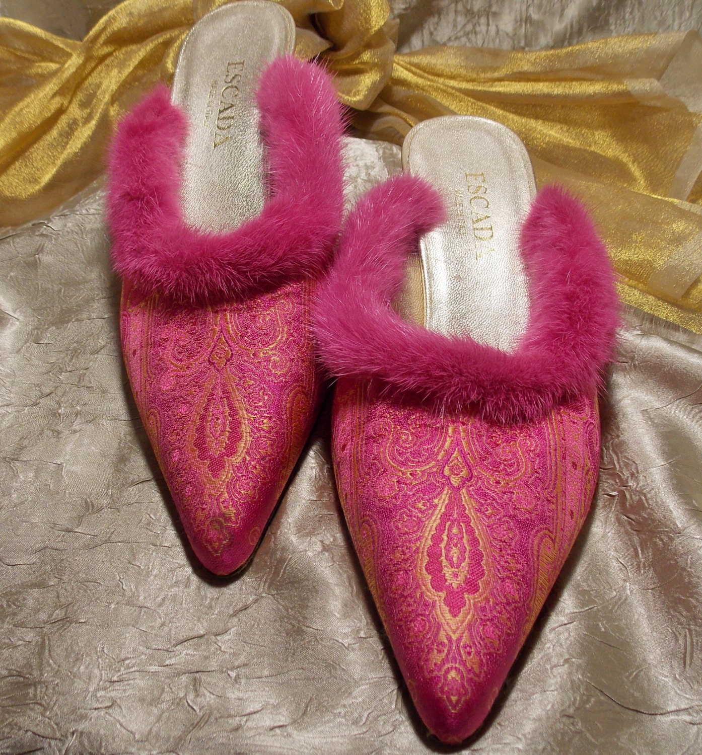 Vintage Escada Pink Gold Slippers Silk Brocade