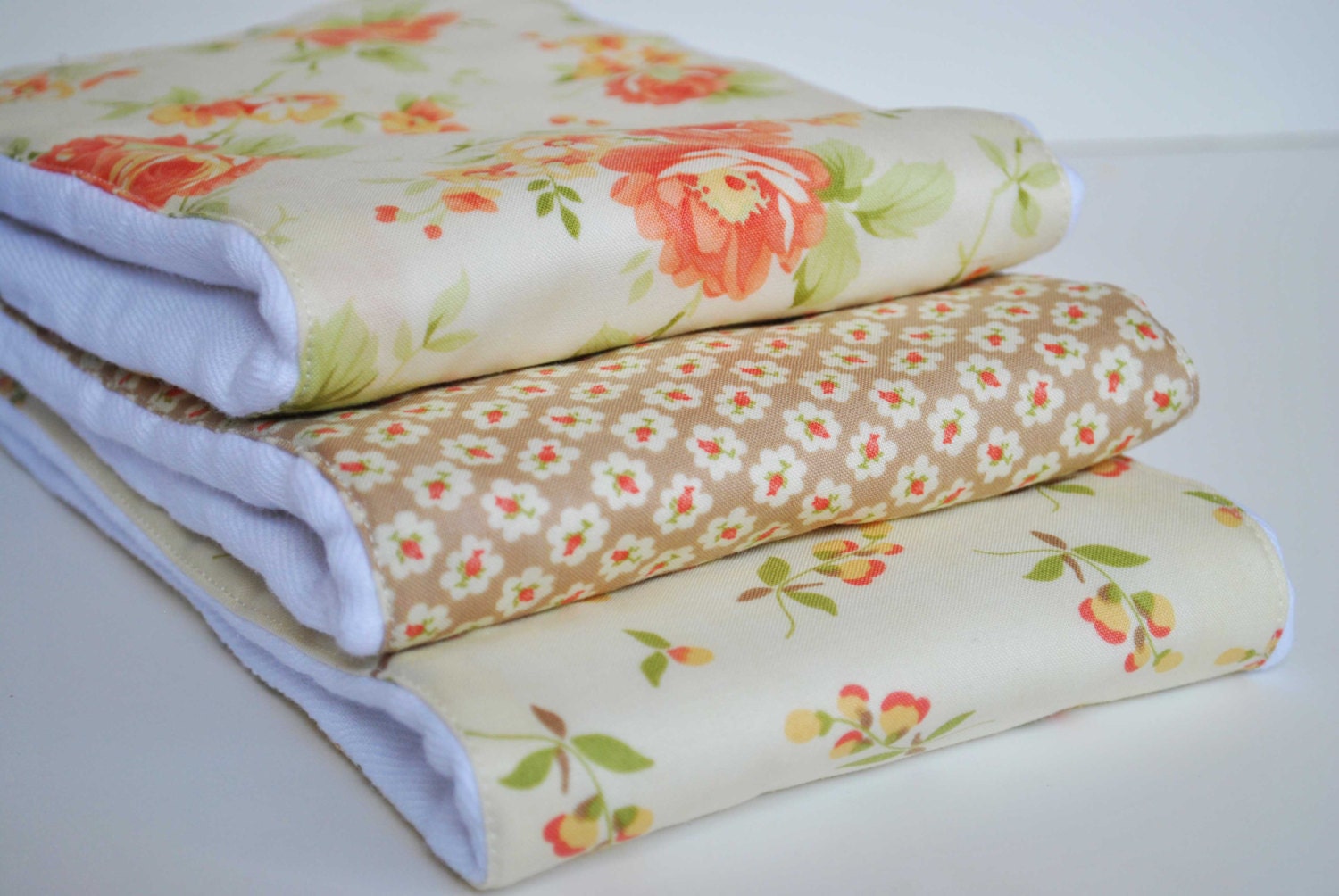 Rose Garden....Set of (3) VERY ABSORBENT BURPIES...... Coordinating  fabric on 3ply cotton burp cloths......  Very handy for baby care