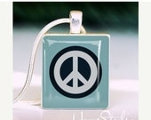 Moving Sale - PEACE SIGN (Blue) : a jewelry pendant charm made from a Scrabble Game Tile game piece