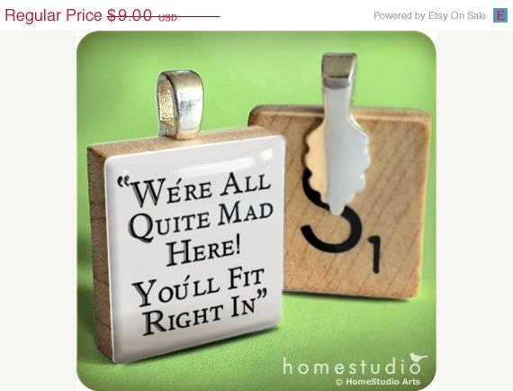 Moving Sale - Scrabble Tile Jewelry - Scrabble Necklace Charm - We Are All Mad Here Cheshire Cat. Scrabble Tile Pendant. Necklace chain sol