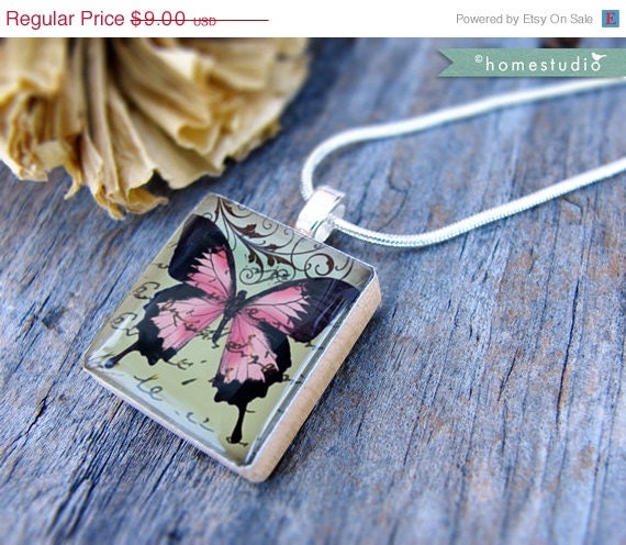 Moving Sale - PAPILLON (Pink) : on a pendant charm made from a Scrabble Game Tile piece