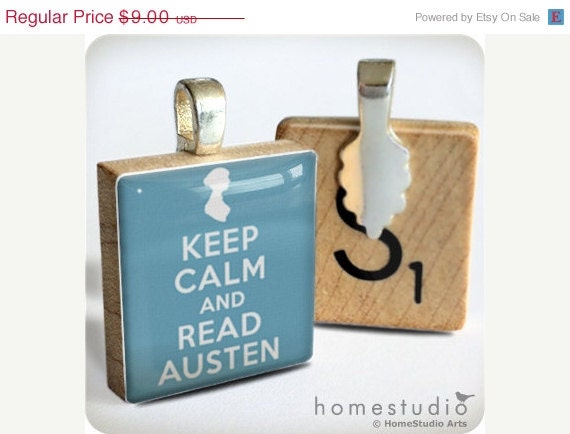 Moving Sale - Keep Calm (Read Austen) - on a pendant charm made from a Scrabble Game Tile piece. Necklace chain sold separatel