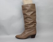 size 10 - 1980s vintage TAUPE Leather Slouch Boots with Stacked, Wooden Heel - Etienne Aigner, made in Italy