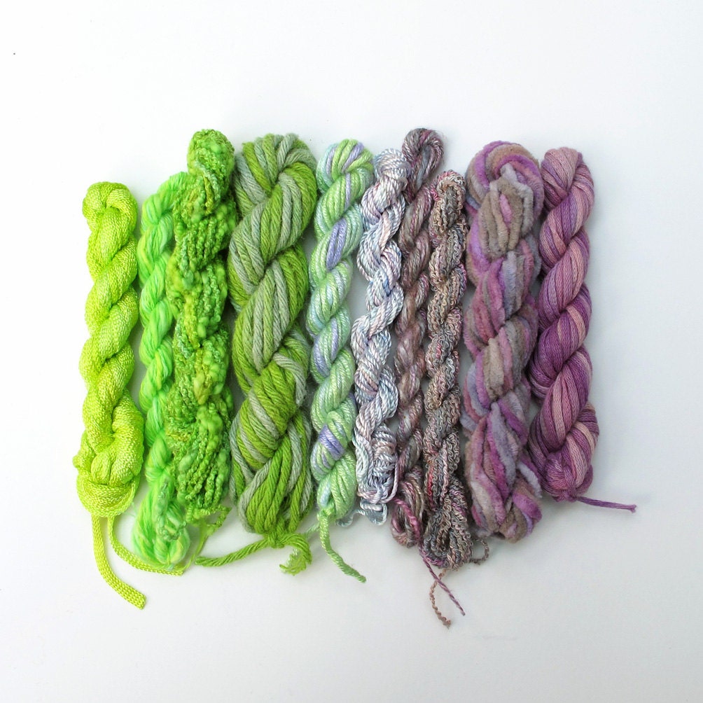 10 mini-skeins, hand dyed thread, assorted fibres - bright green, lime, light grey, mauve, lilac, pale pink, cotton, silk, linen, viscose