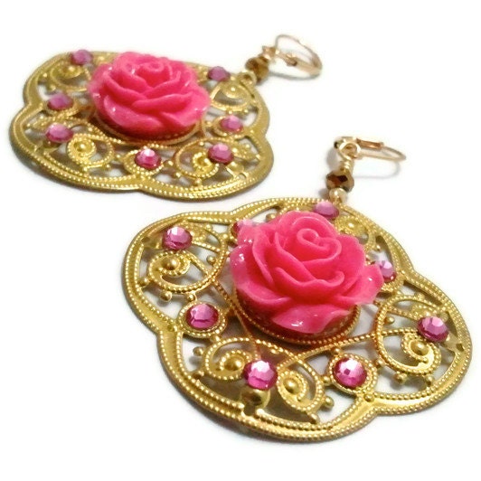 Hot Pink Rose on Golden Filigree Setting Earrings