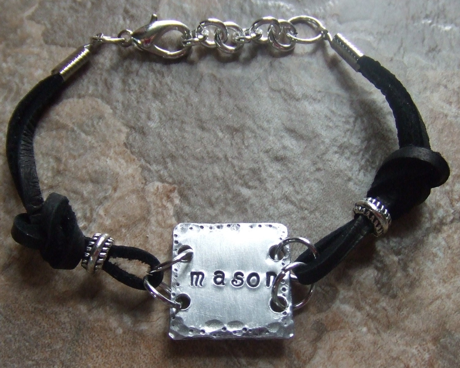 Hip- Mom Leather Handstamped  Silver Bracelet
