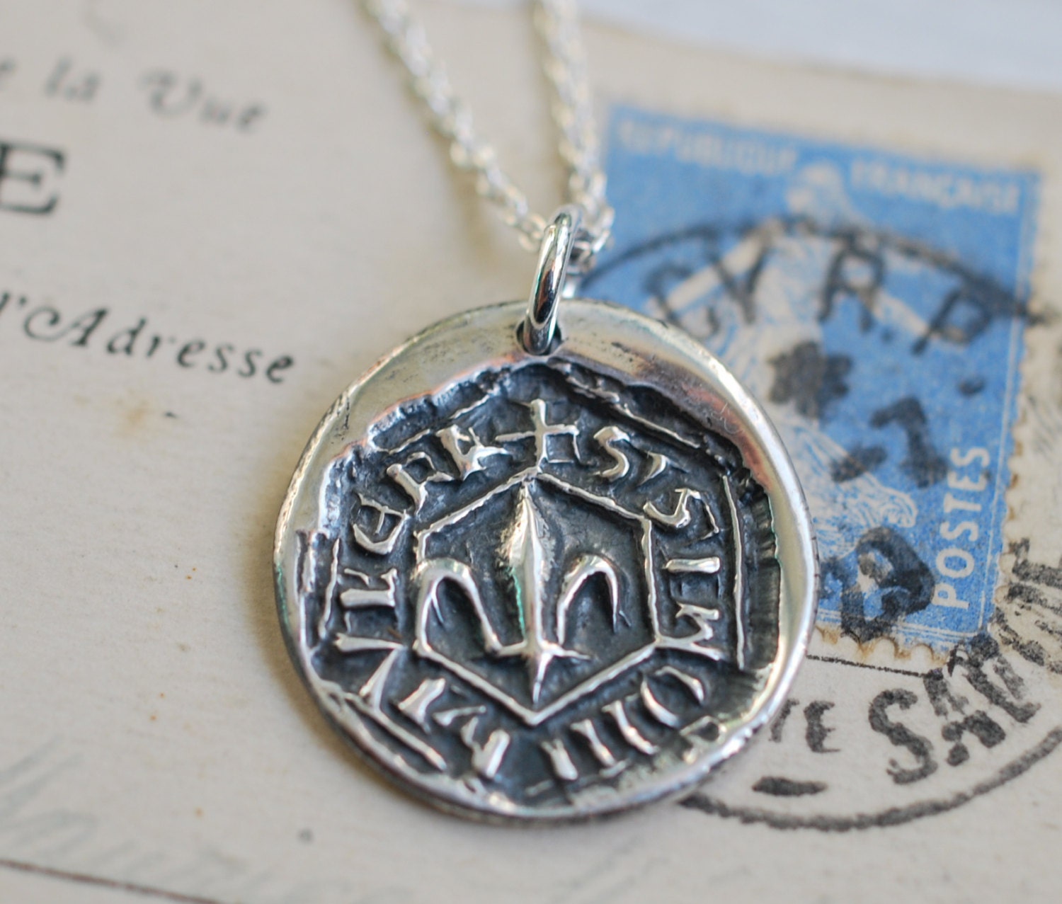 rustic fleur de lis wax seal necklace charm... medieval wax seal jewelry in eco friendly fine silver