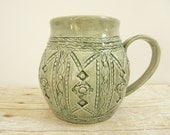 Coffee Mug Oversized Cup Sage Green Flower Stamped Quilted Design One-of-a-Kind For Her Large Elegant Cup, Shabby Chic Stoneware Pottery