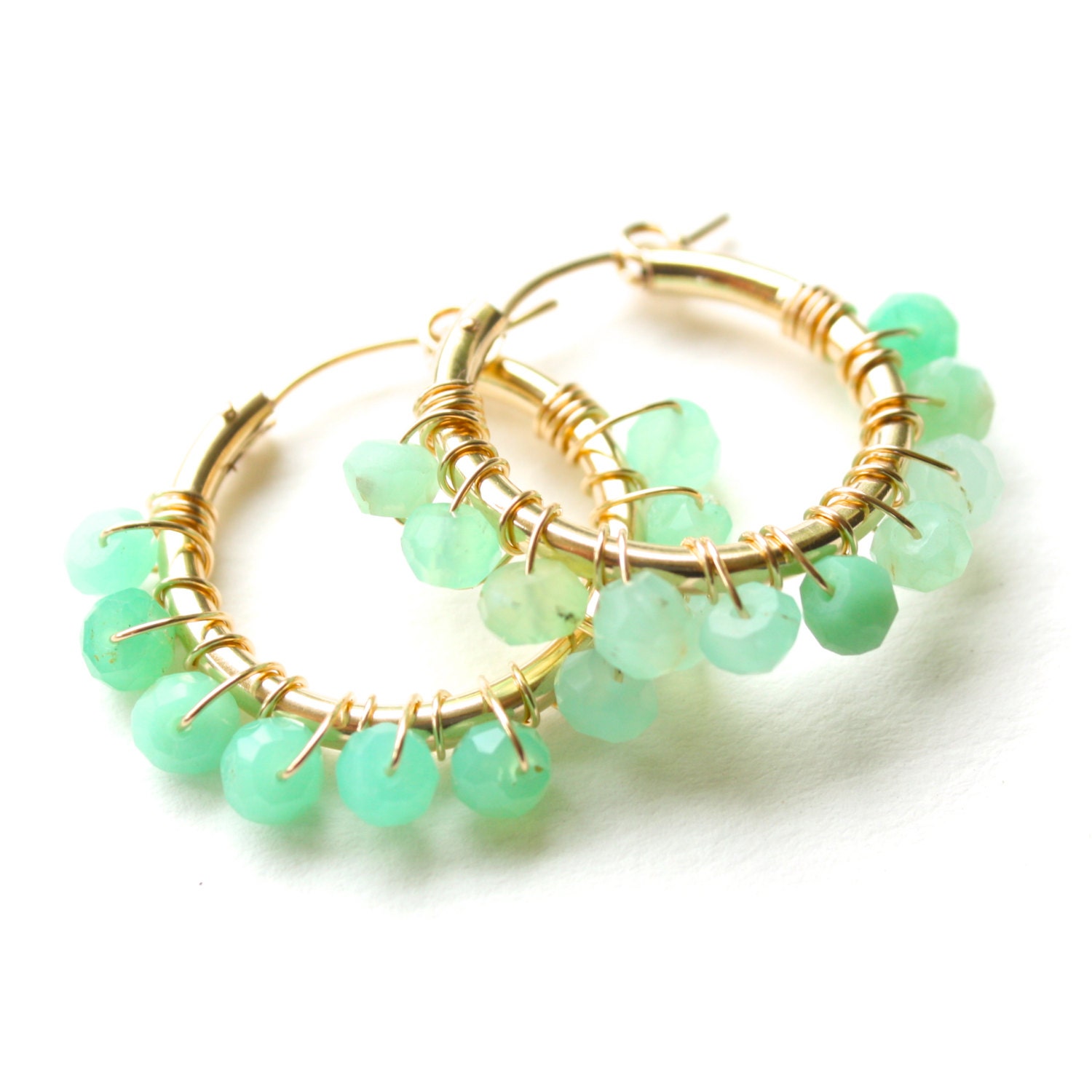 TenThings. CHRYSOPRASE. gold hoop earrings.