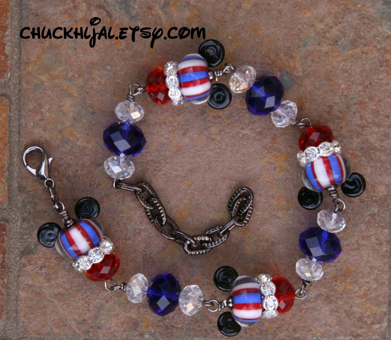 Patriotic Red White N Blue Disneyland Magic Lampwork Disney Inspired Mickey Minnie Mouse Style DeSIGNeR Bracelet 4th of July American Flag