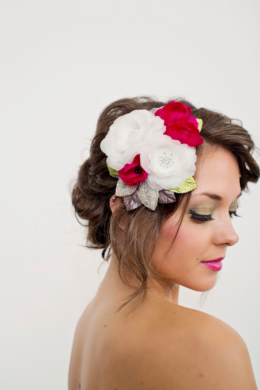 Handmade Silk Habotai Bridal Mini Hat by Fine & Fleurie in Light Ivory, Black and Fushia