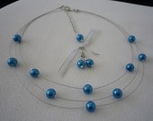 Three Stranded Teal Blue Infinity  Floating Pearl Necklace and Earrings Set