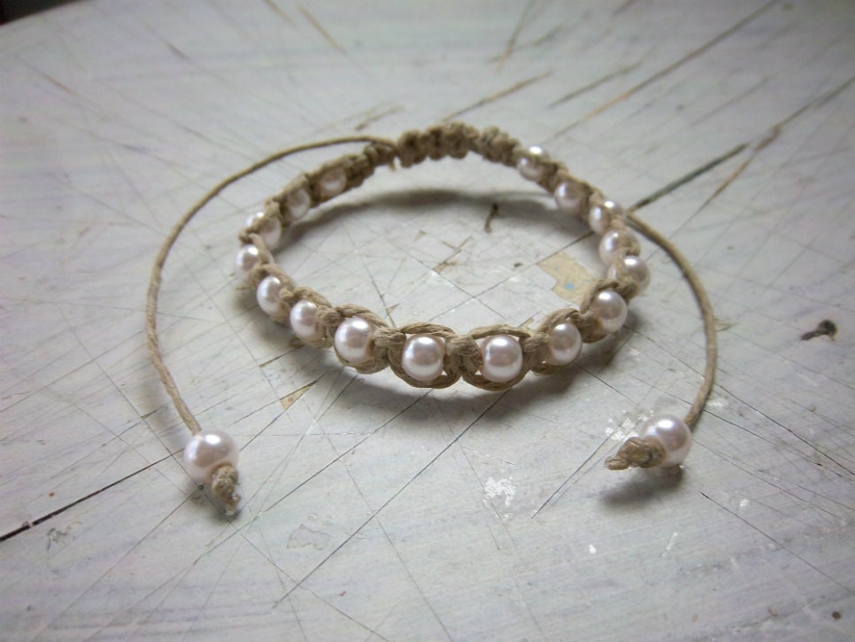 Natural Hemp Adjustable Bracelet with Pink Glass Pearls