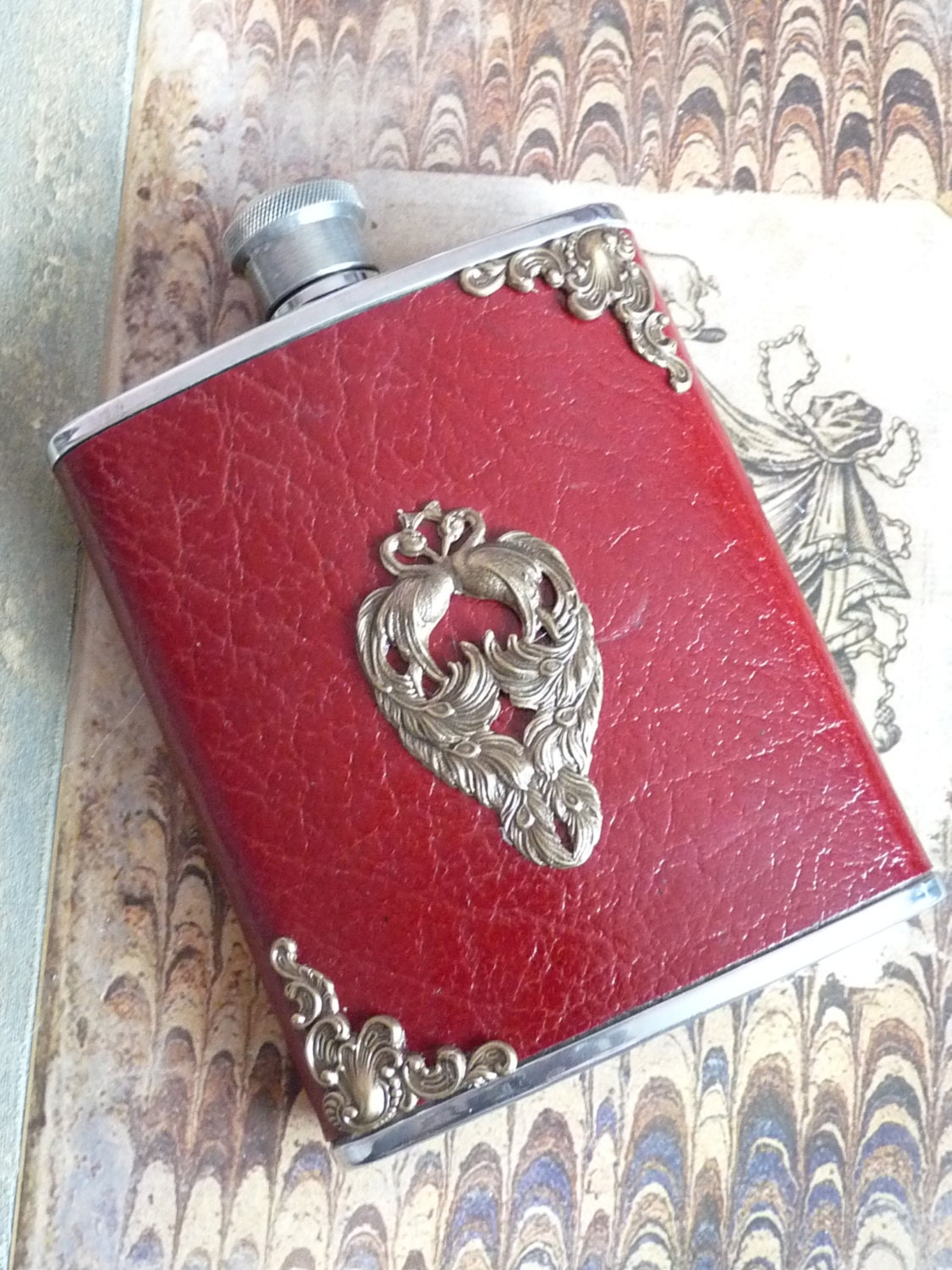 The Red Peacock  vintage english leather liquor hip flask with brass flourish and stampings