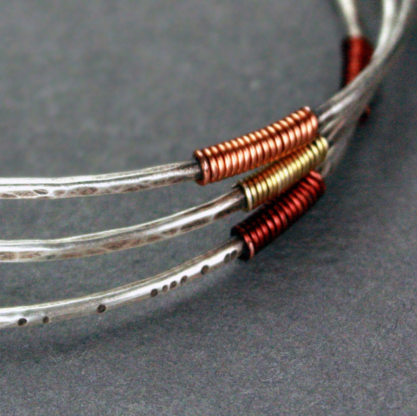 Modern Silver Stacking Bangles with Copper and Gold, set of 3 bracelets