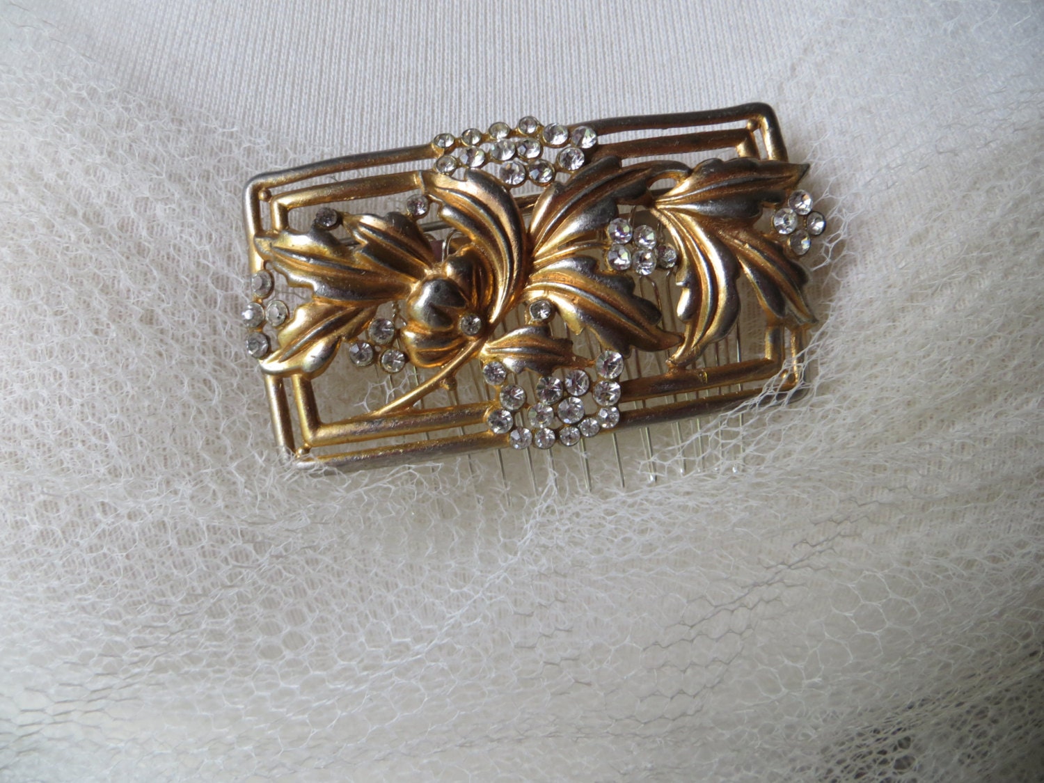 Art Deco Golden Patina Rhinestone Hair Comb