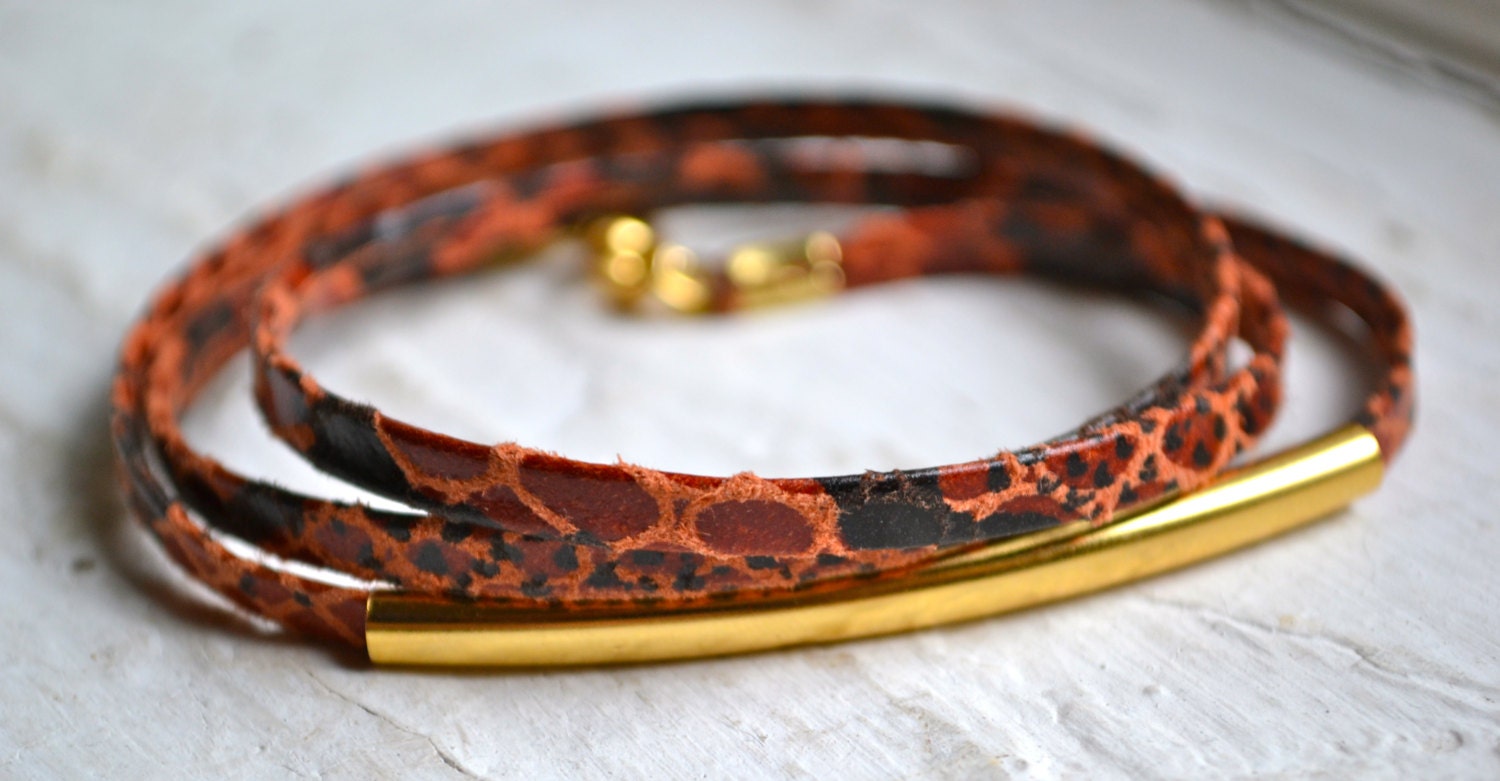coral red python snake skinny leather triple wrap bracelet with long gold tube