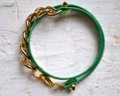 emerald green double wrap thin leather stud spike and chain layering bracelet