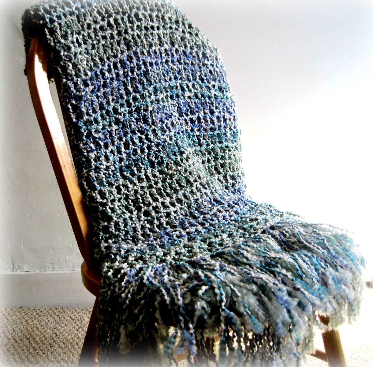 Throw Blanket with Fringe- Blue, White, Purple,Green, Silver, Multicolored, Monet Colors, Blanket Afghan, Home Decor, Ready to Ship