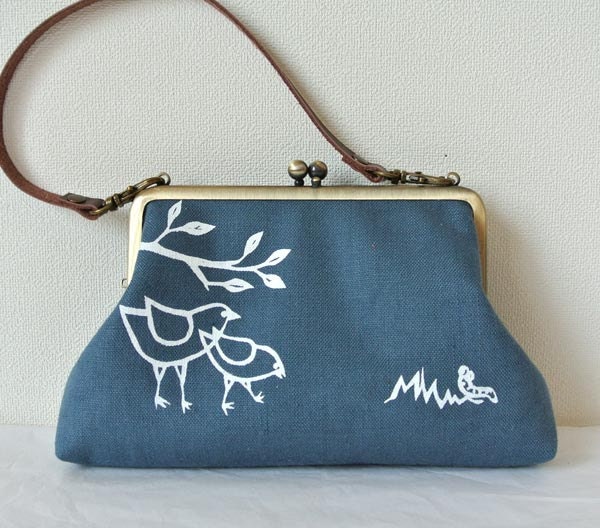 Leather handle Linen quilted purse, camera, iPod, phone, Birds in Smoke blue