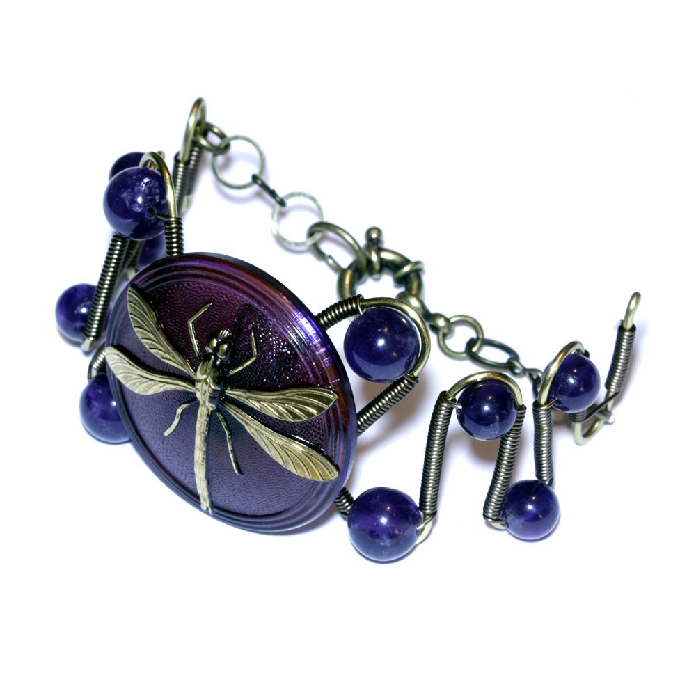 Steampunk Neo Victorian Bracelet - Purple Czech Glass Art Deco Dragonfly - Gorgeous Amethyst