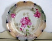 German Rose Plate Hand Painted Pink Roses Iridescent