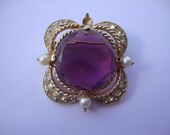 Vintage Purple Rhinestone and Gold Tone Brooch