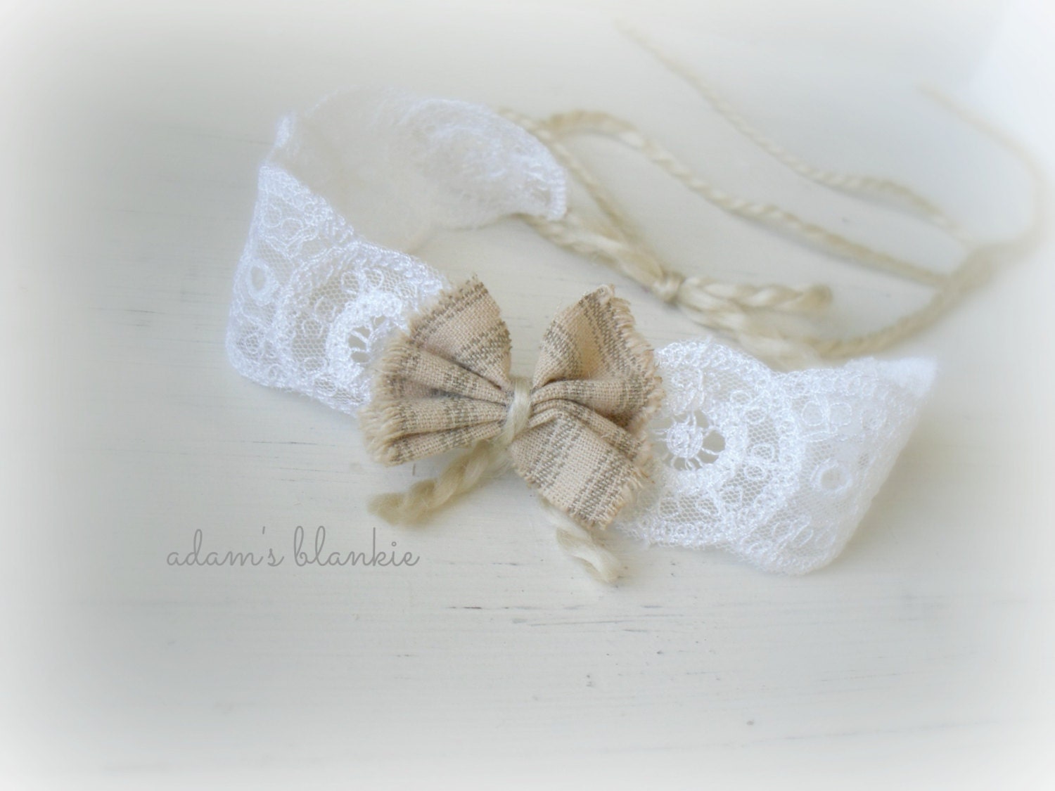 Charlize - Open Halo Headband Wrap Tie Back - White Cream Taupe Natural Bow Lace  - Newborn Baby Girl Infant Adults - Photo Prop