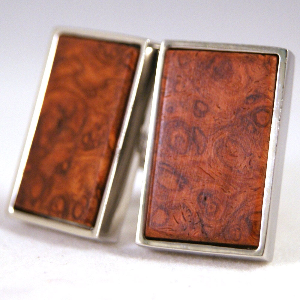 Wood Cufflink: Southeast Asian Amboyna Burl in Sterling Silver Bezel (CL-477)
