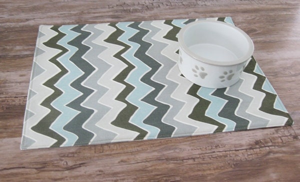 Feeding Pet Mat Reversible Blue Gray Chevron Placemat Dog Cat