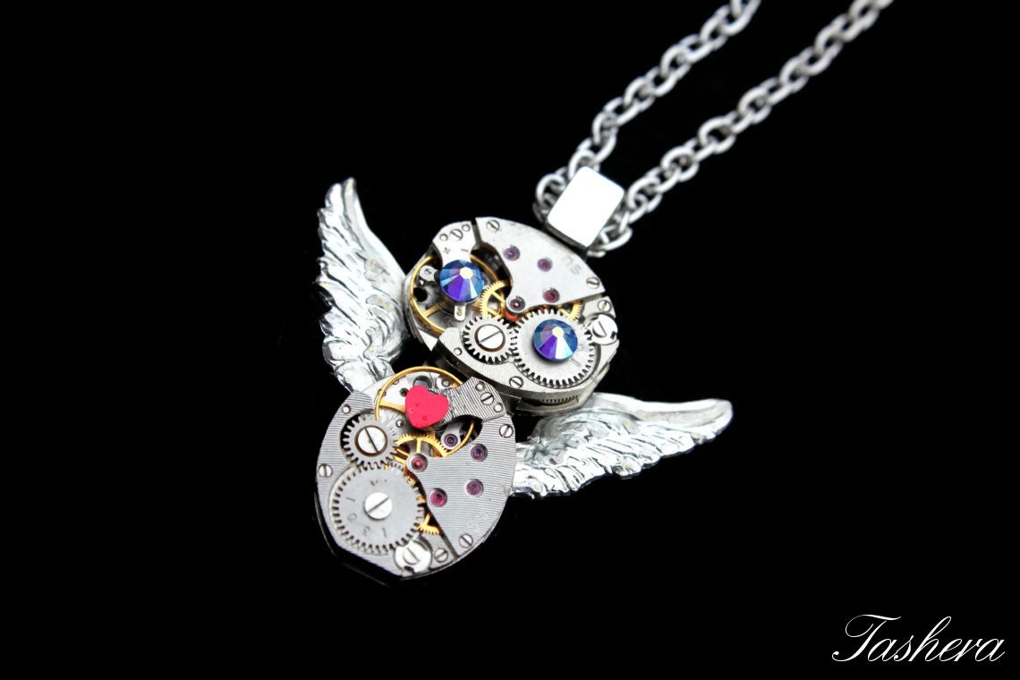 Steampunk Owl Necklace- Industrial Luxury Wedding- Kawaii Geekery- Vintage Watch Movement- Clockwork- Exclusively by tasherajean- NO55