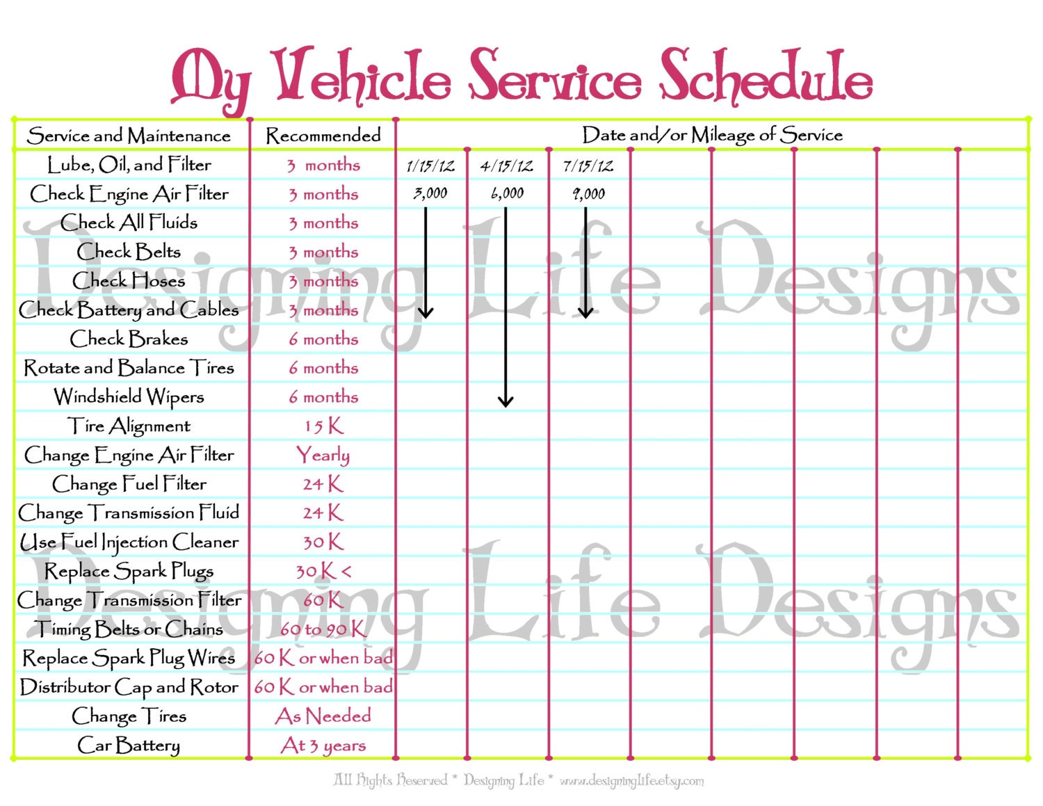 Car Service Schedule Printable - Vehicle Service - Home Binder
