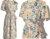Vintage 60s Dress Maurice Rentner Blue & Pink Floral Day Summer M