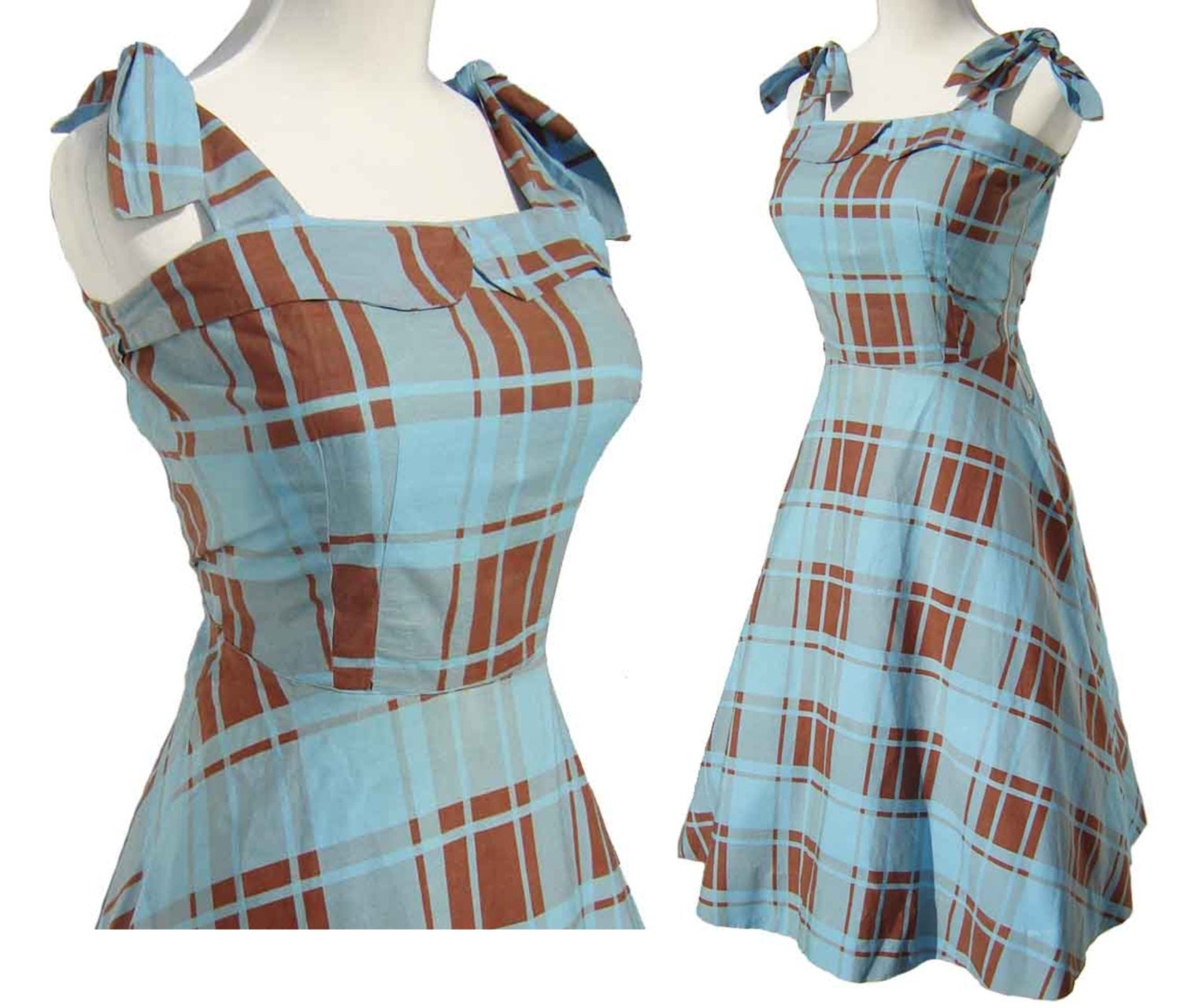 Vintage 50s Dress Sundress Blue & Brown Checkered Plaid Rockabilly Circle Skirt M