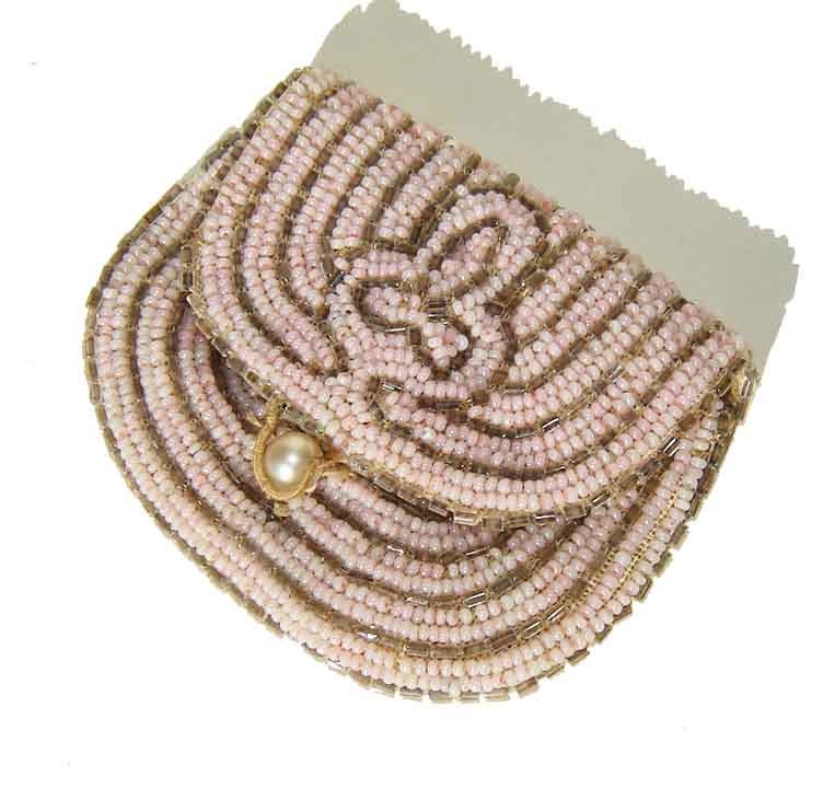 Vintage 30s Coin Purse Art Deco Pink & Silver Beaded Change Bag