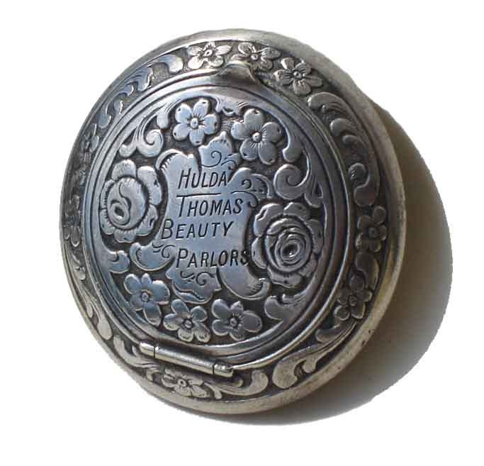 Vintage 20s Compact Vanity Art Deco Cosmetic Powder Antique German Silver - Hulda Thomas Beauty Parlors