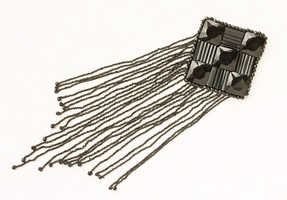 Art Deco 1920's Black Beaded  Square  Applique Flapper Trim - Tassell Fringe- Bold Statement - Geometric - Downton Abbey -Gatsby Style