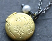 Locket Necklace with Flowers and Pearl - Oxidized Sterling, Vintage Locket, and Freshwater Pearl