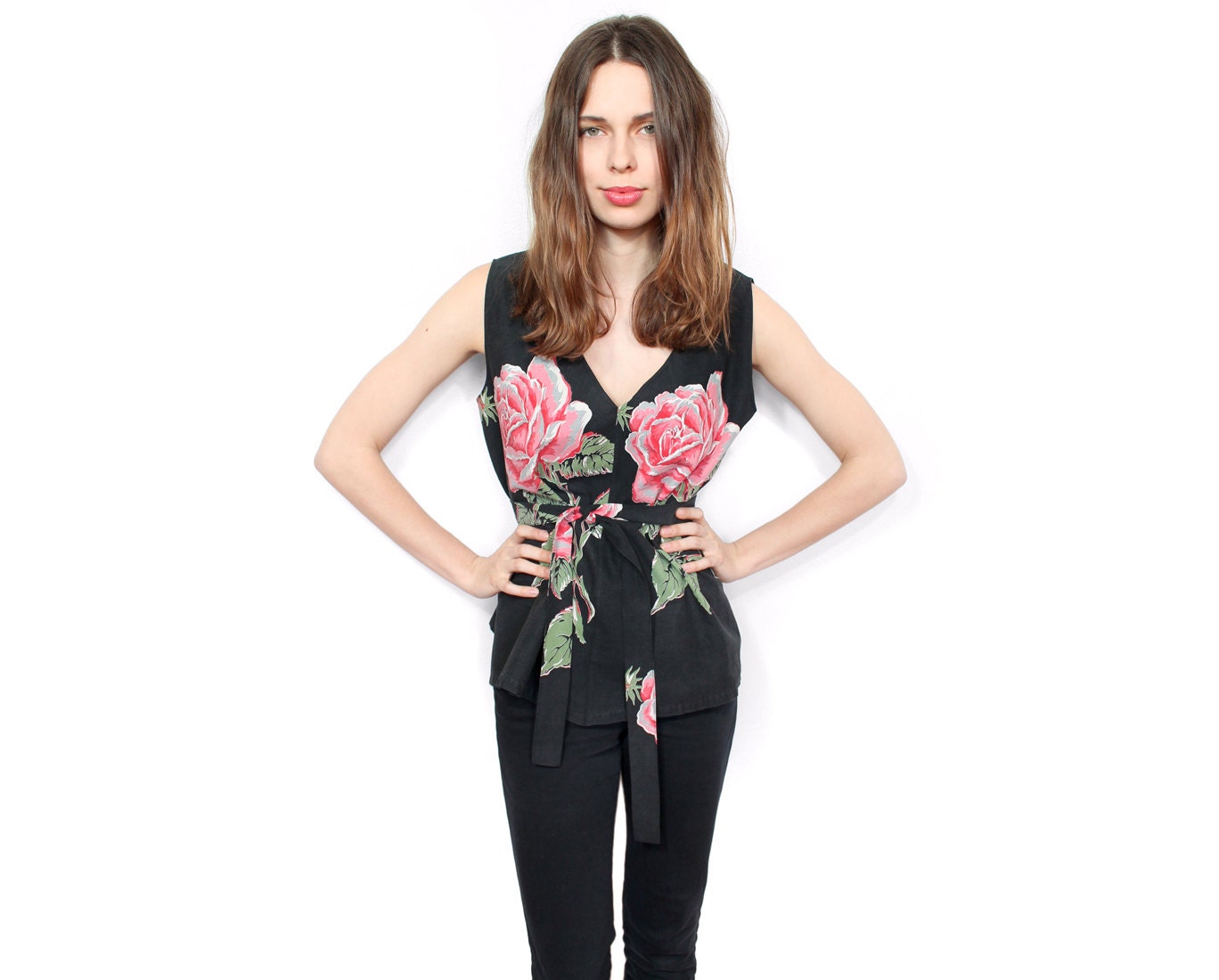 Black tank top rose print tunic Medium