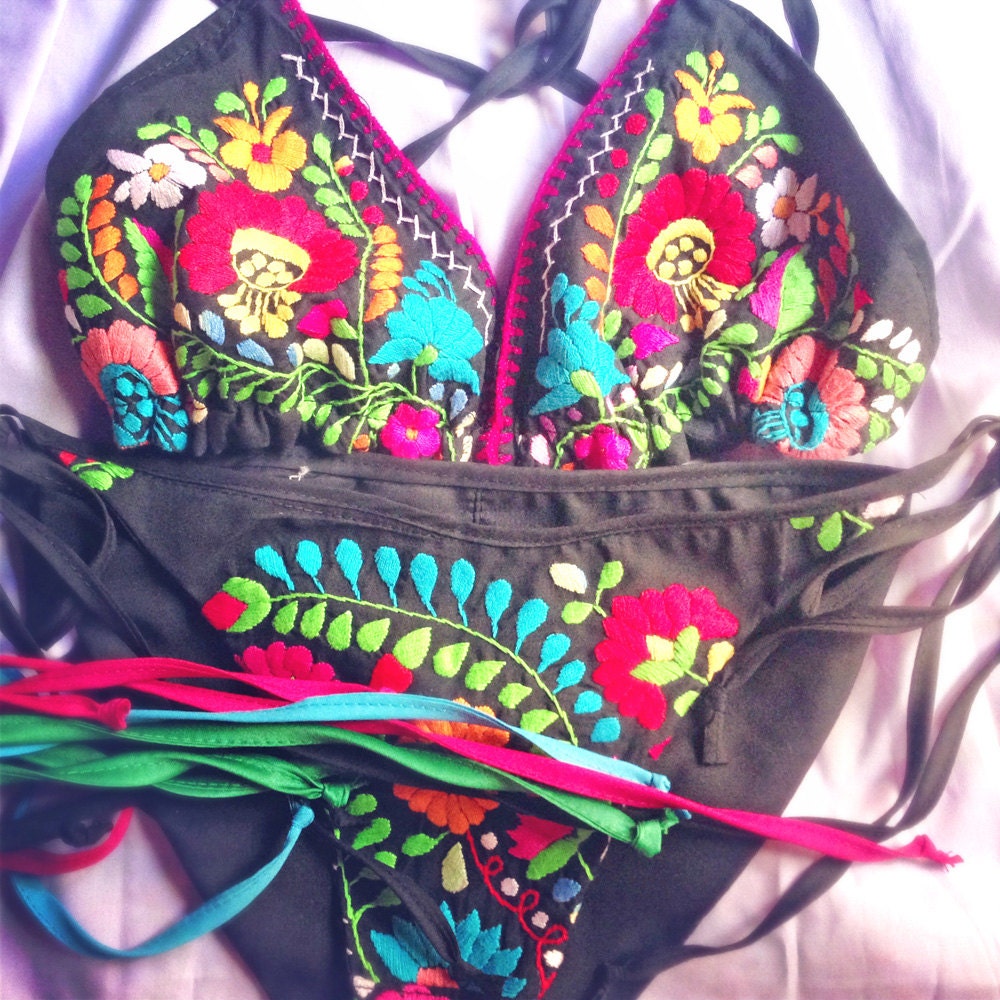 Negrita Linda Mexican embroidered bikini bohemian hippie chic with love from Mexico size S M bikini TOP and bottom