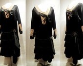 1920's Black Satin Tiered Ruffle Ecru Crewel Embroidery Party Dress Vintage 20's Rhinestone Gatsby Hollywood Deco Era Couture Flapper Dress