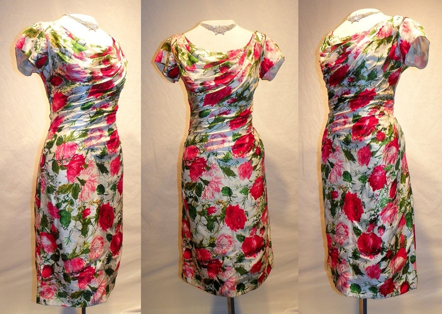 1950's Bold RED Pink ROSE Print Silk Ruched Draped Designer Cocktail Dress Vintage 50's Garden Roses Bombshell Couture Kay Selig Party Dress