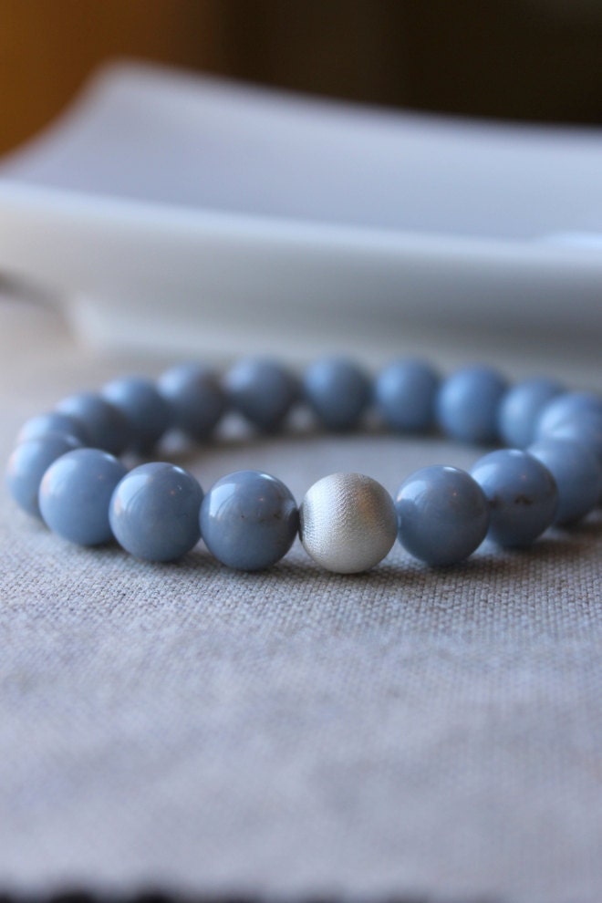 Blue Sky Stone Bracelet, Sterling Silver, Stone Bracelet, Grey Blue, Clouds, Stretch Bracelet, Semi Precious Stone, Stacking Bracelet