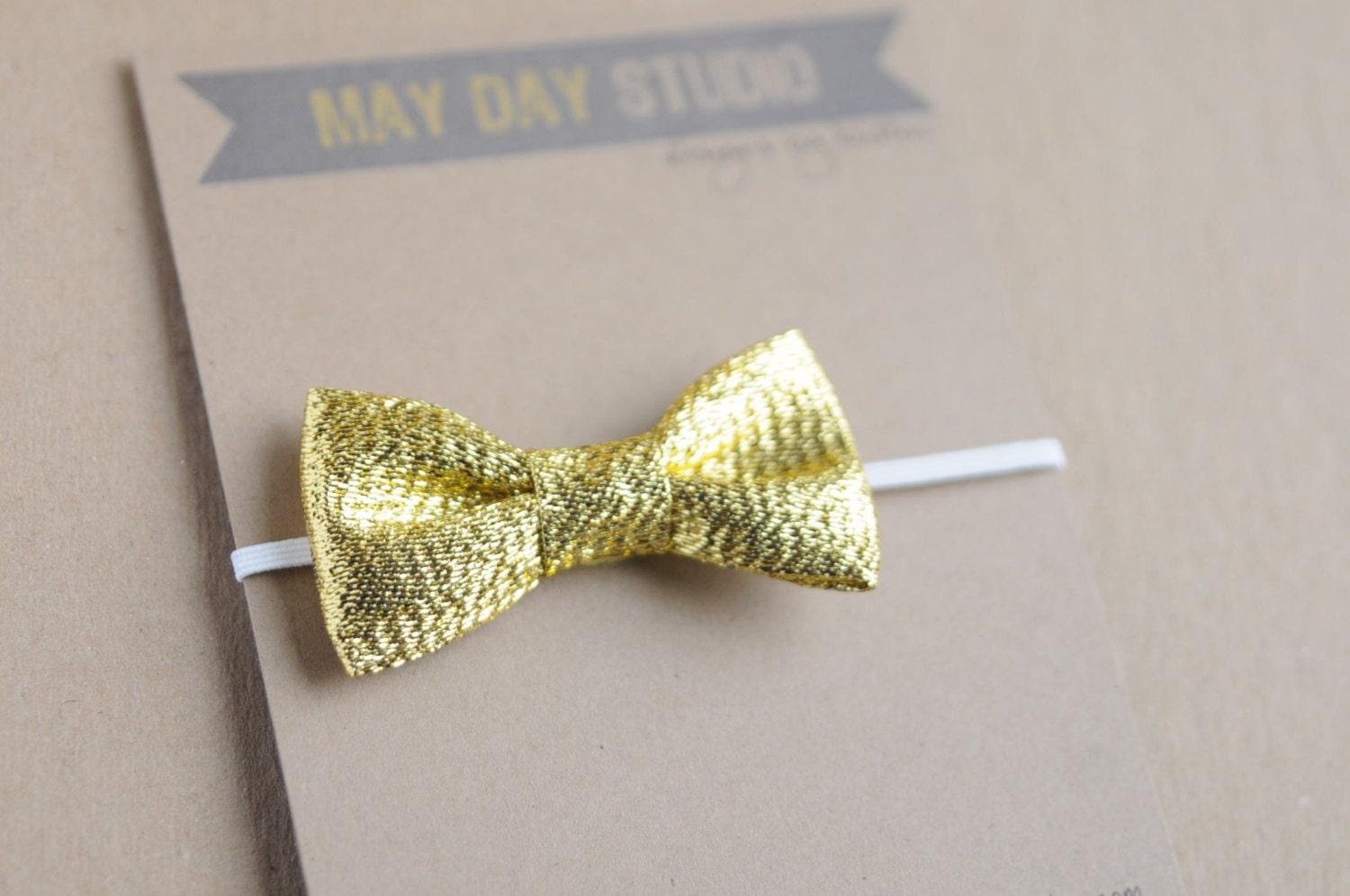 newborn baby toddler girls fabric bow headband - shiny gold bow - white skinny elastic