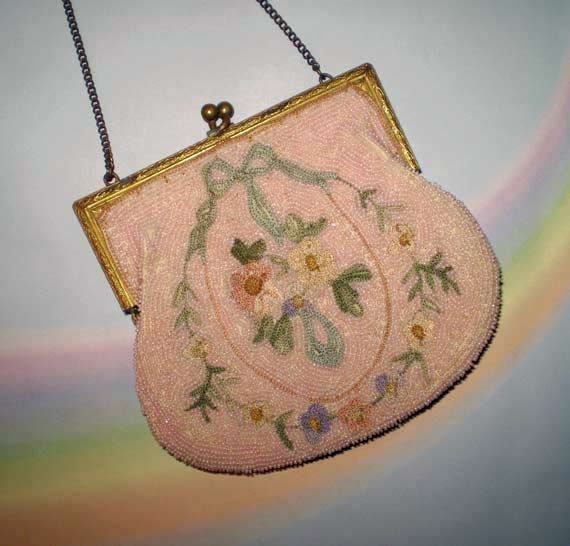 Vintage 20s Pink Beaded Purse Tambour Embroidery France