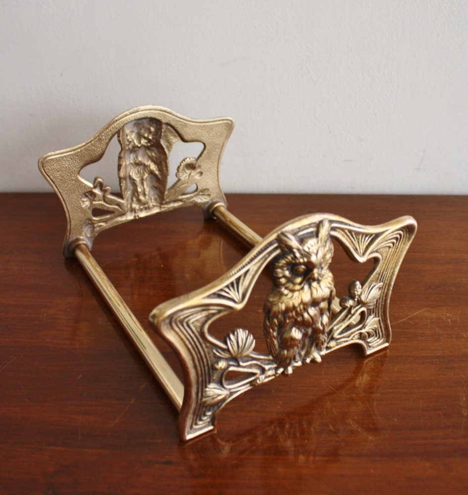 Vintage expandable art nouveau brass owl bookends