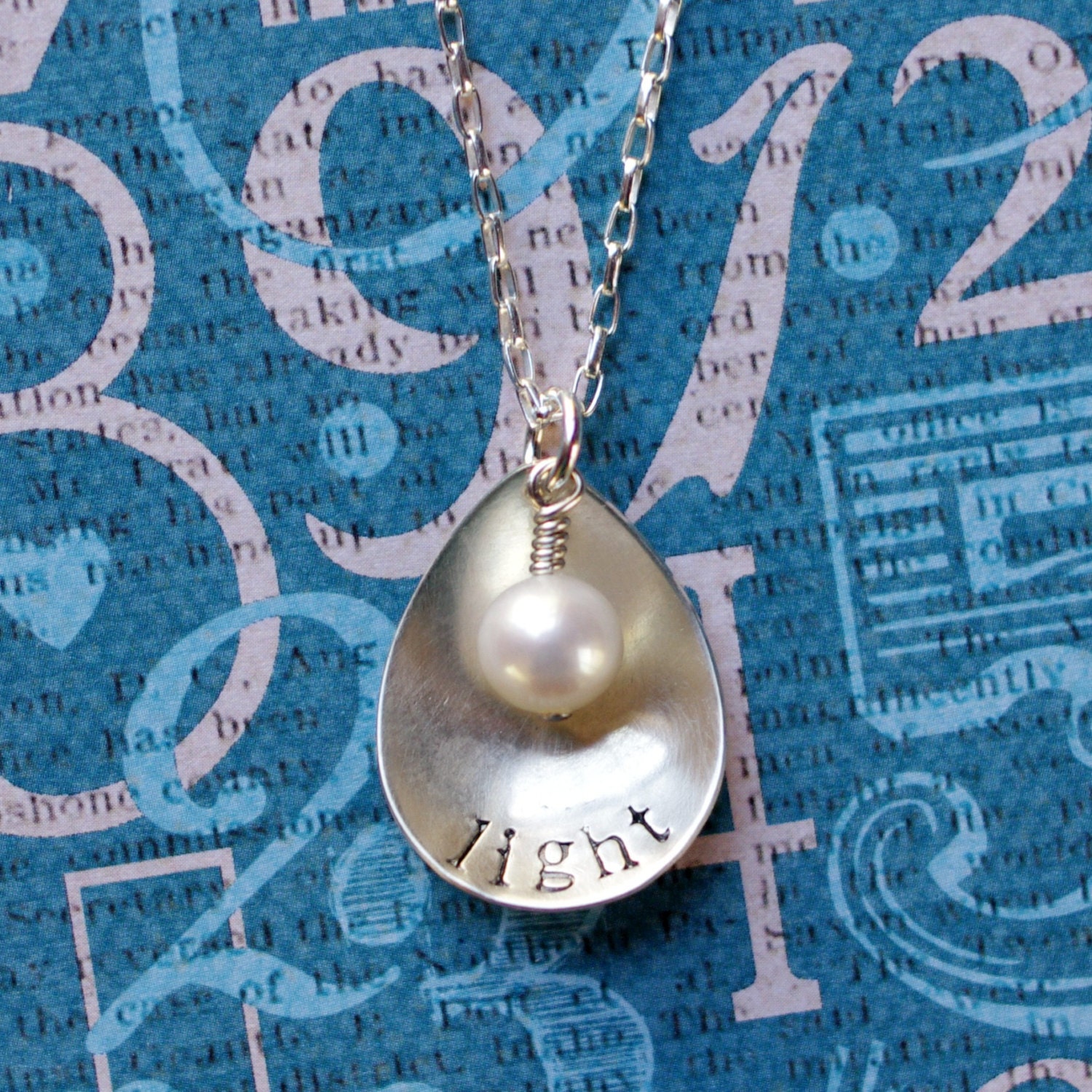 One Little Word Necklace--Concave Teardrop with Pearl