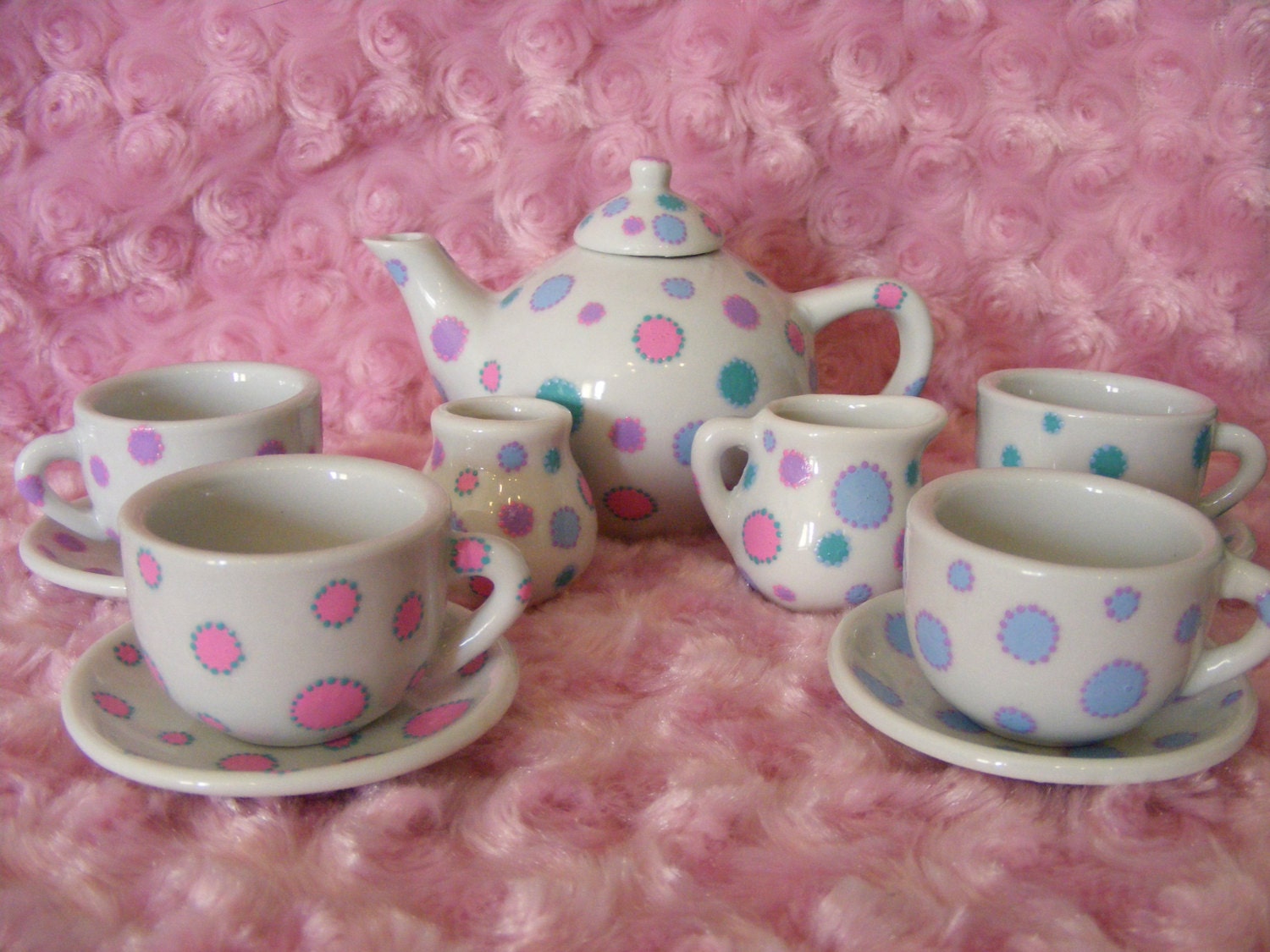 Pastel Polka dot hand painted children's ceramic tea set