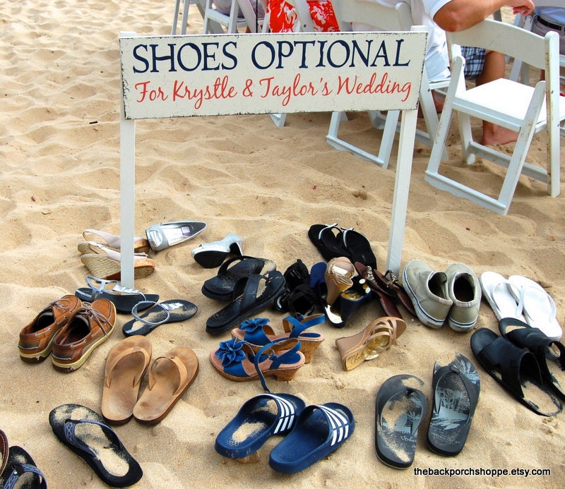 SHOES OPTIONAL with your names Shabby Beach Wedding Signs INCLUDES 2 tall stakes 32 x 8 1/2